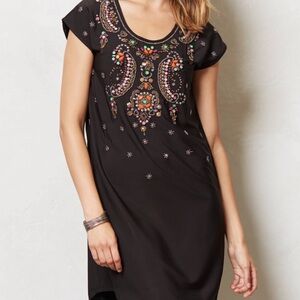 Anthropologie By Yumi Chiaroscuro Black Shift Beaded Jeweled Boho Dress Size XS